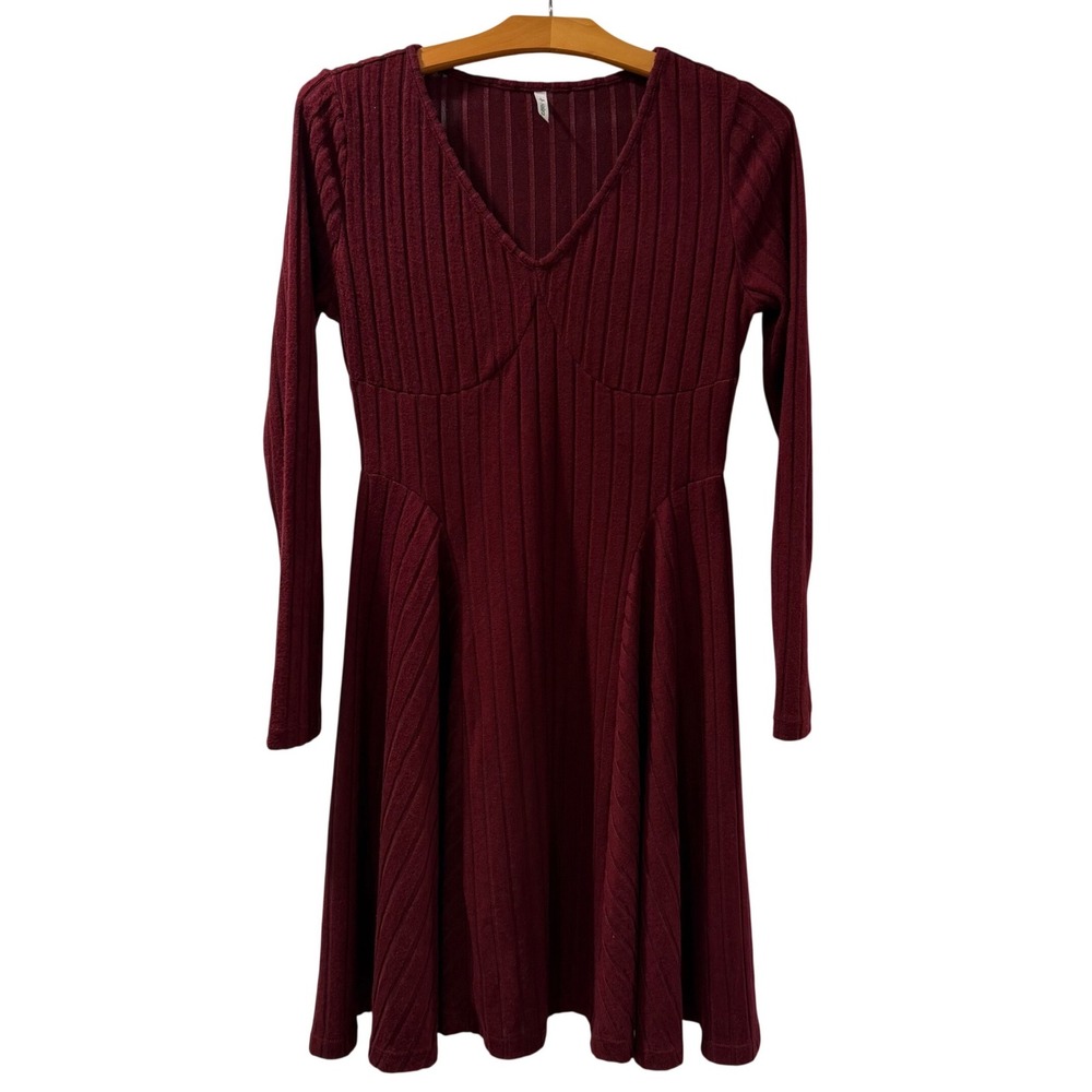 Halara Ribbed Skater Dress Women Medium Burgundy Long Sleeve V-Neck Fit Flare